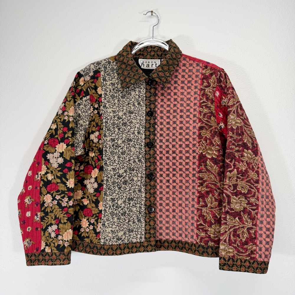 Keren Hart Vintage 90s Quilted Patchwork Floral Button Up Jacket Size XL